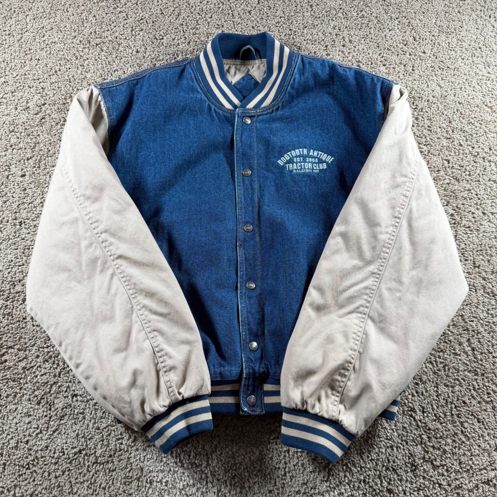Tri-Mountain Denim Varsity Jacket mens Large Blue Dogtooth Antique Tractor Club